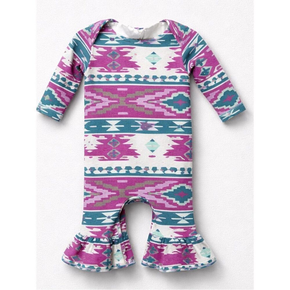 Ricrac and Ruffles purple and green Aztec print one piece ruffle hem romper 12 m
